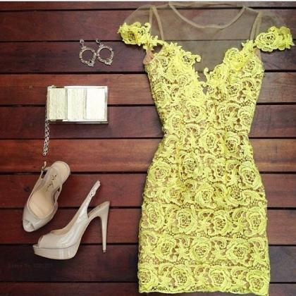 Hollow Perspective Yellow Lace Dress Jhjj